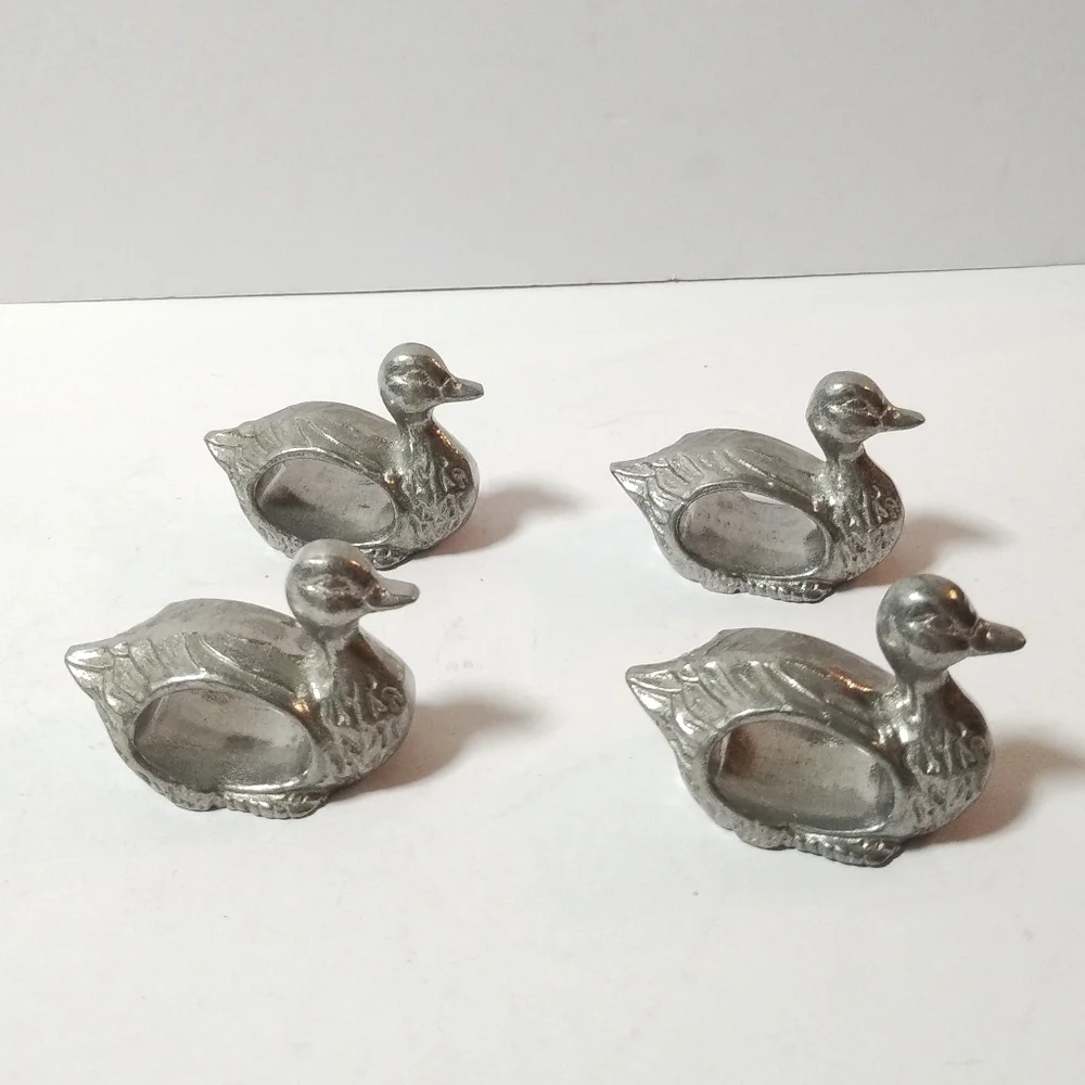 Lot of 4 Duck Pewter Napkin Ring Holders Set Vintage Duck Napkin Rings